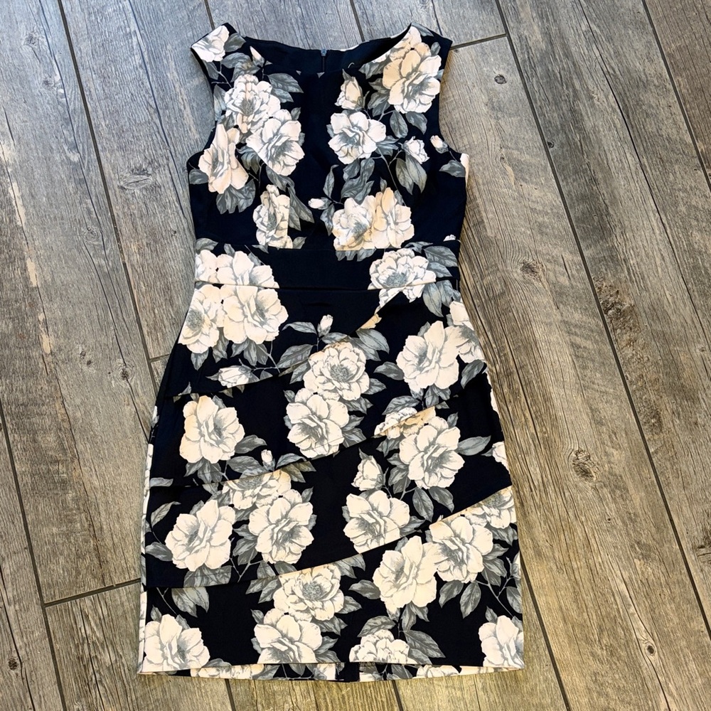 Connected Apparel Black and Cream Floral Midi Dress